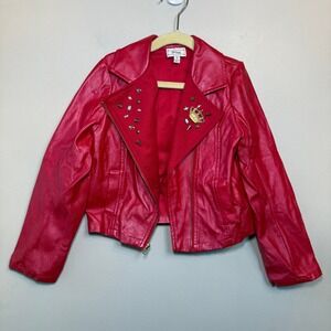 Disney D-Signed Kids Red Faux Leather Moto Jacket Studded Crown Size X-Small 6